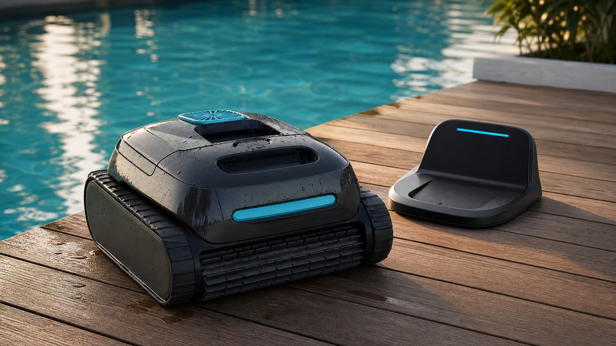 Robot limpiafondos inalámbrico AIPER recién extraído del agua con su dock de carga junto a la piscina