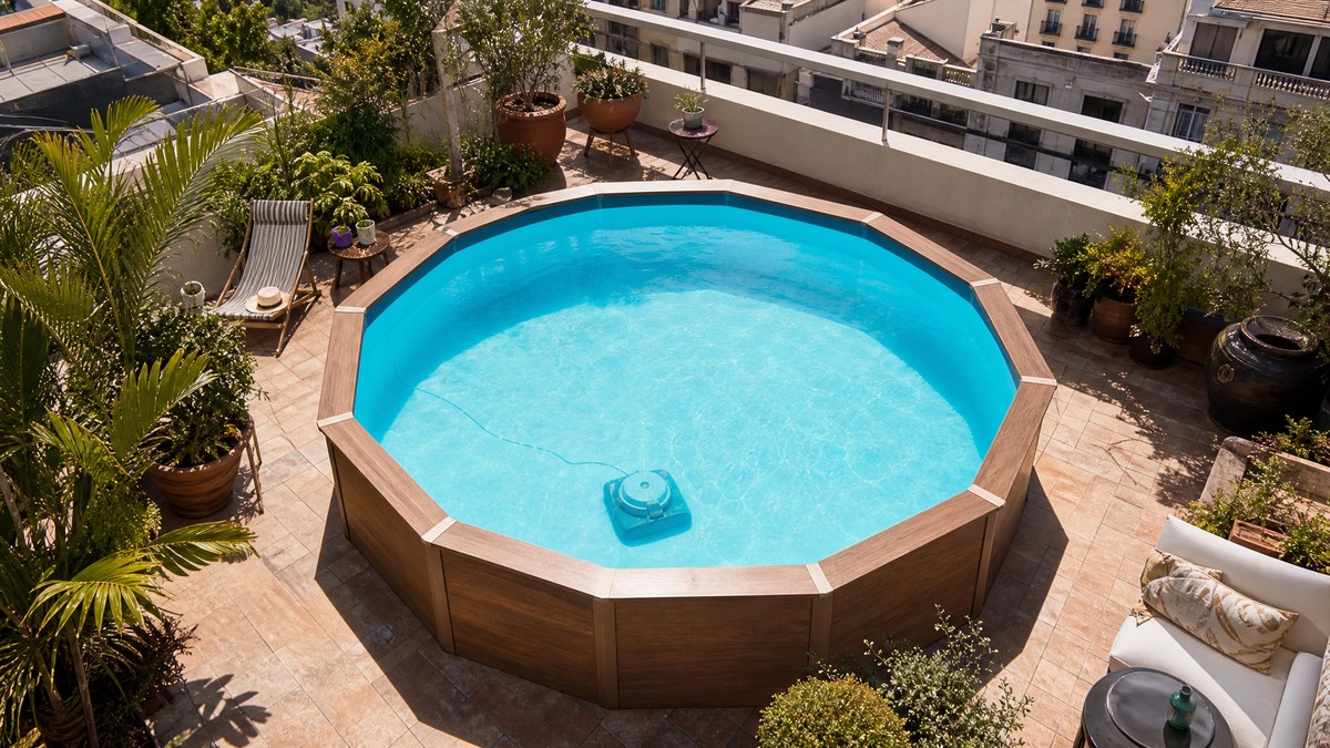 Mini robot limpiafondos WYBOT en el fondo de una piscina pequeña sobre una terraza urbana