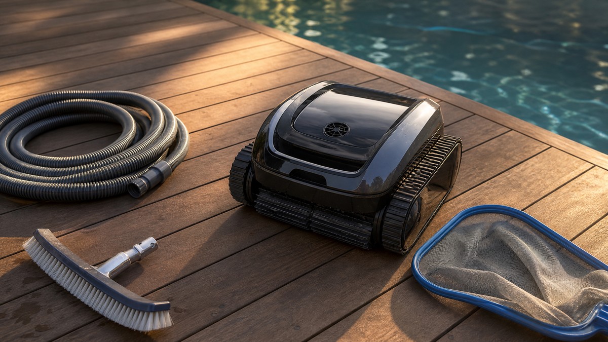 Robot limpiafondos premium sobre deck de madera junto a manguera, cepillo y salabre como inversión integral