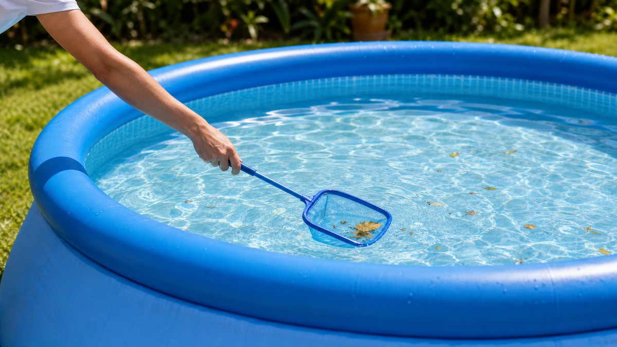 Piscina hinchable familiar de tres metros siendo limpiada manualmente con salabre — caso donde el robot no compensa