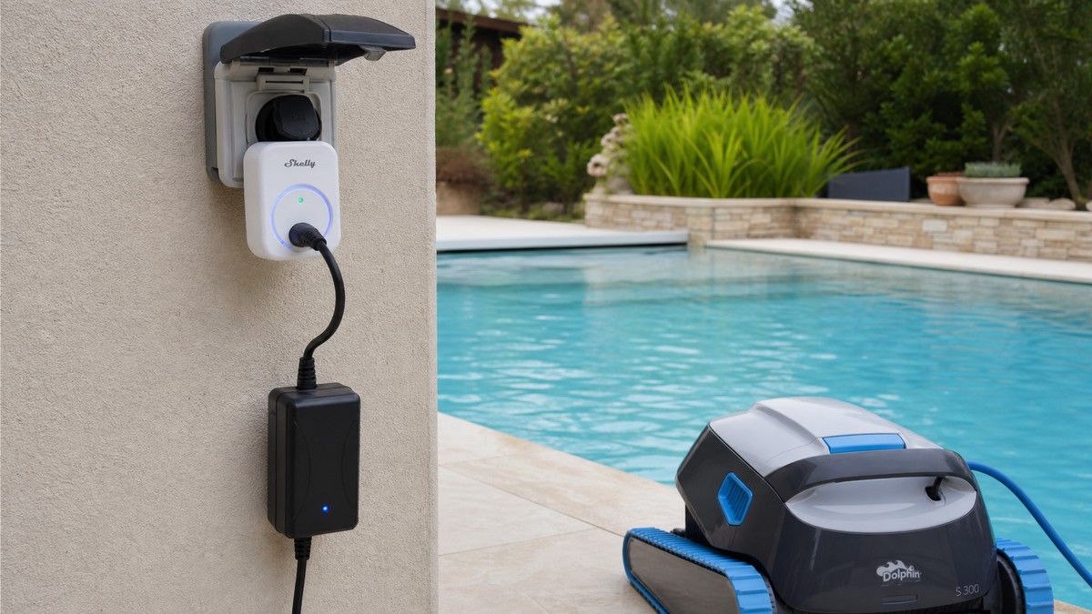 Enchufe inteligente Shelly Wi-Fi conectado entre la pared y el adaptador del robot para medir el consumo