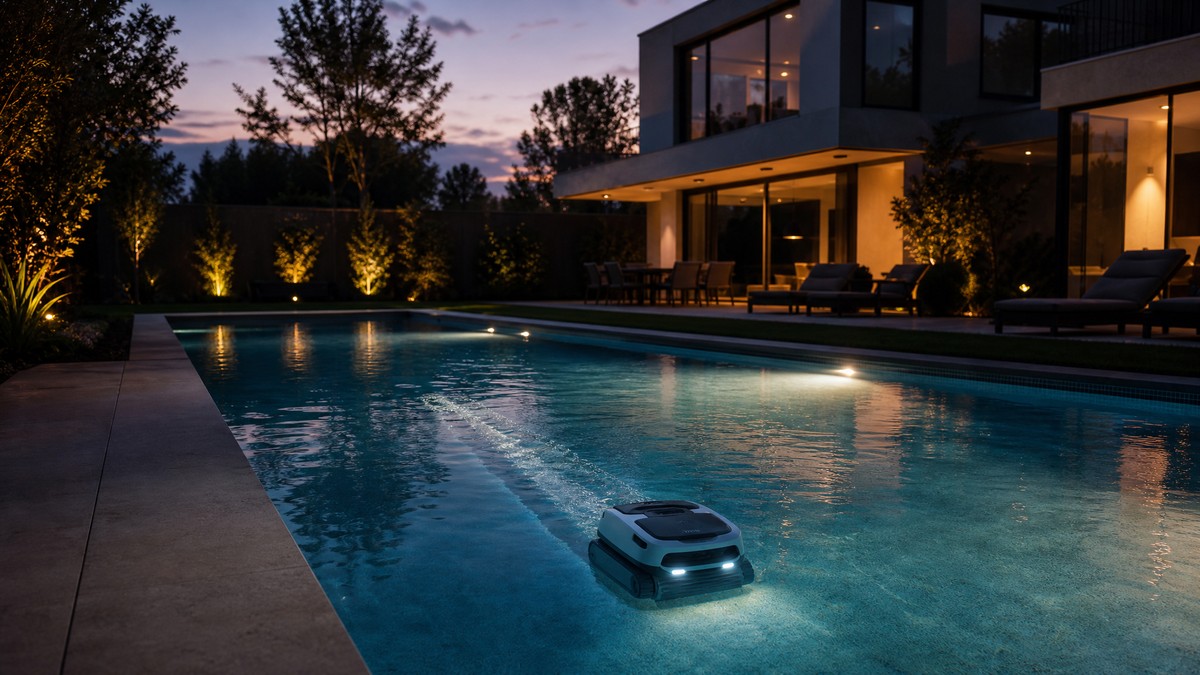 Piscina residencial al atardecer con el robot trabajando aprovechando la tarifa eléctrica nocturna más barata
