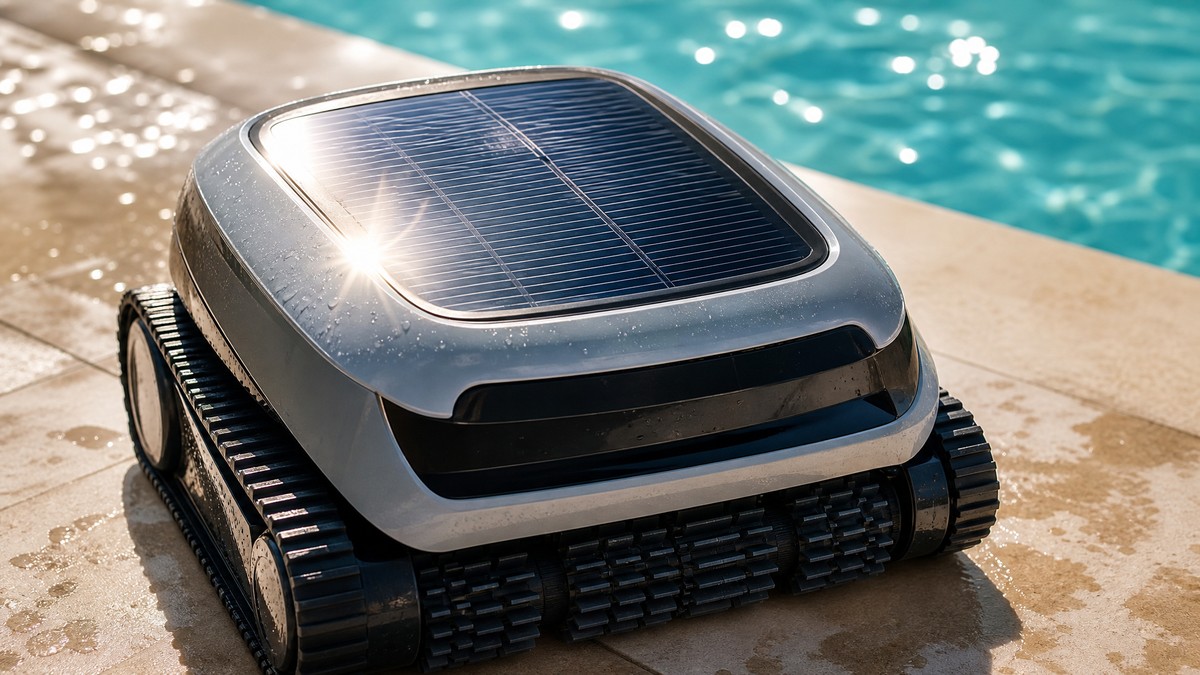 Panel solar fotovoltaico integrado en la parte superior de un robot limpiafondos inalámbrico