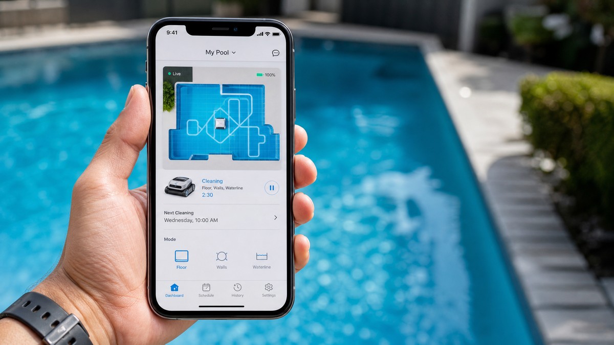 Smartphone mostrando la app de control del robot limpiafondos con mapeo en tiempo real y programación semanal