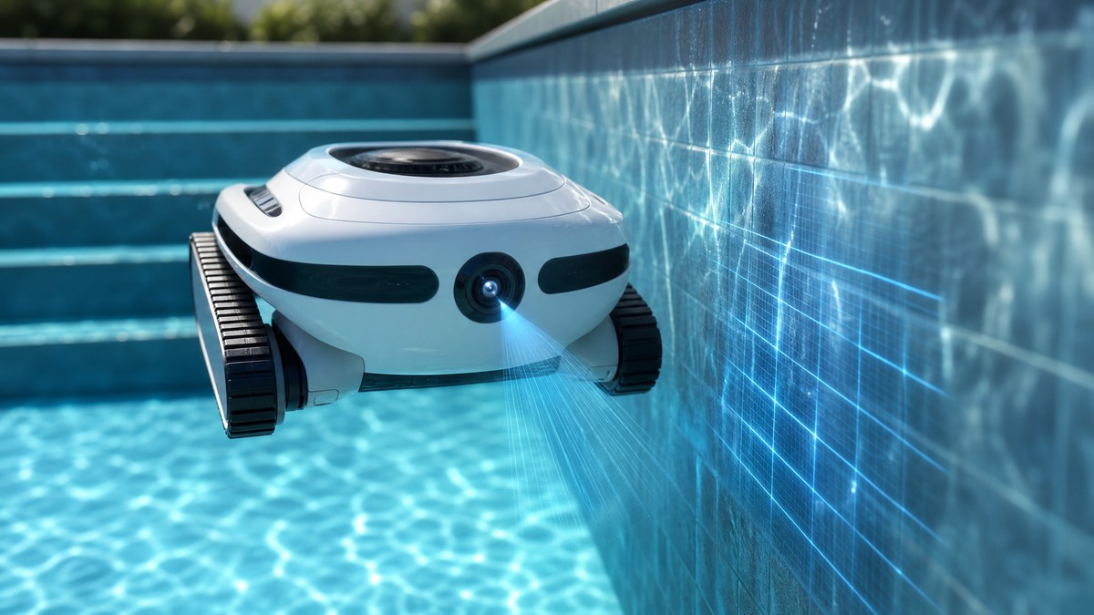 Robot limpiafondos con cámara de inteligencia artificial visible mapeando la pared interior de una piscina