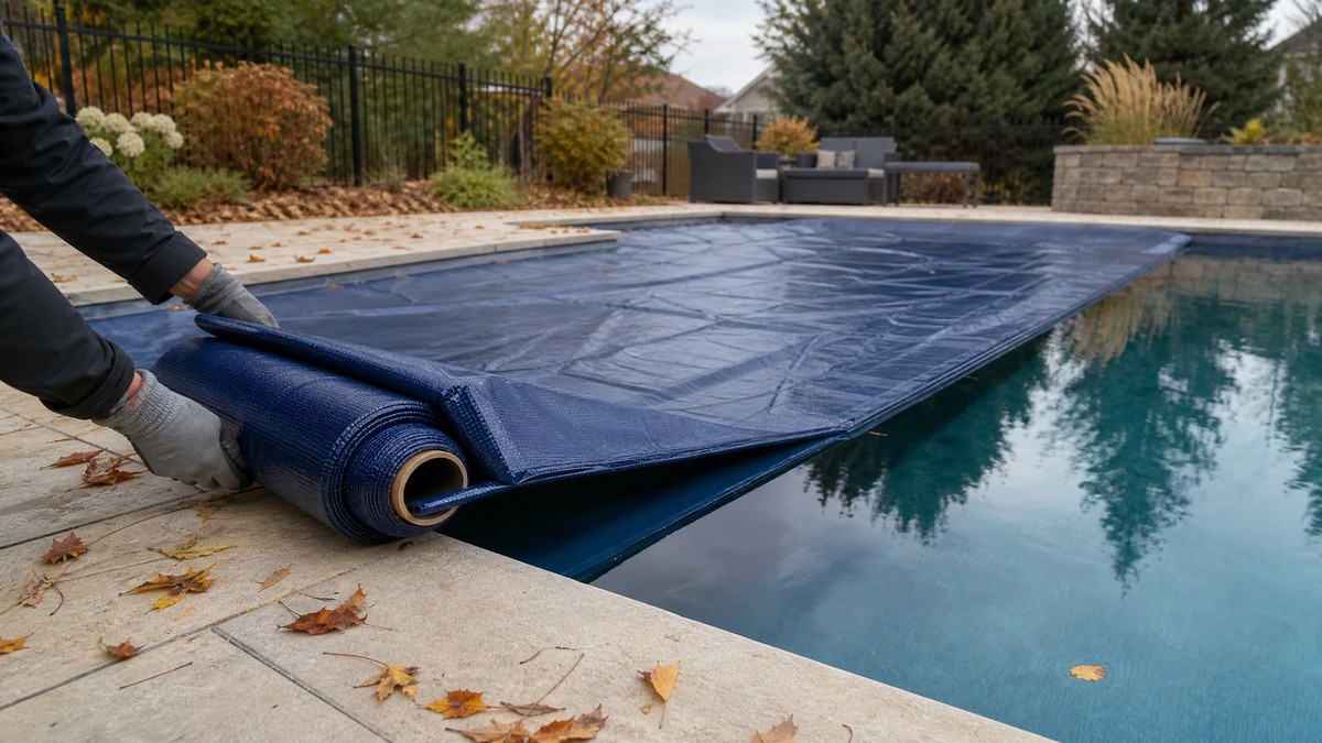Cobertor de invierno reforzado siendo desenrollado sobre una piscina residencial al final del otoño