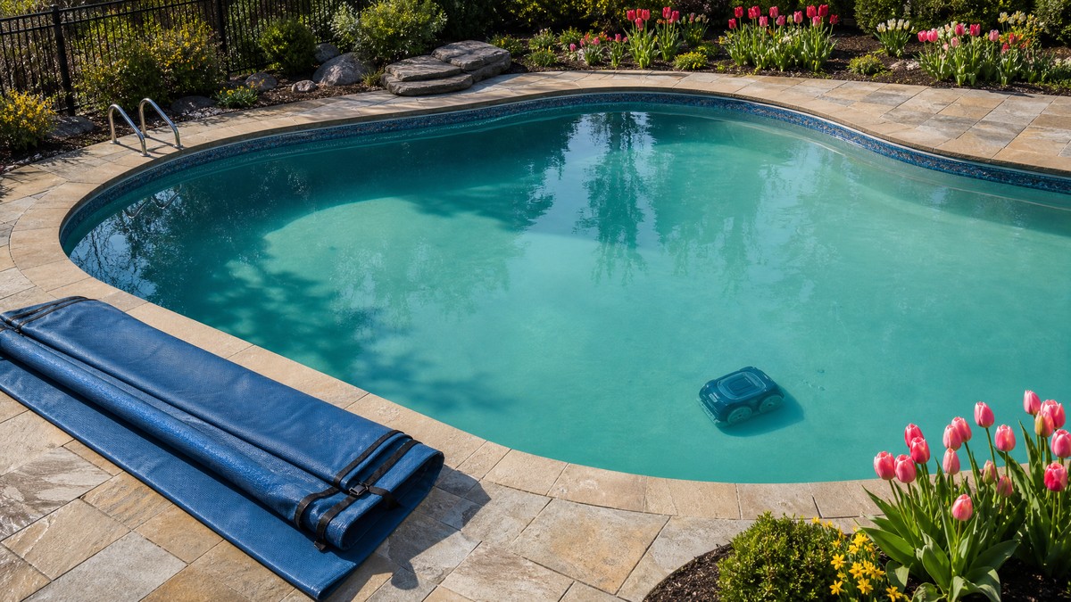 Piscina residencial recién abierta en primavera con un robot limpiafondos trabajando en su primer ciclo de la temporada