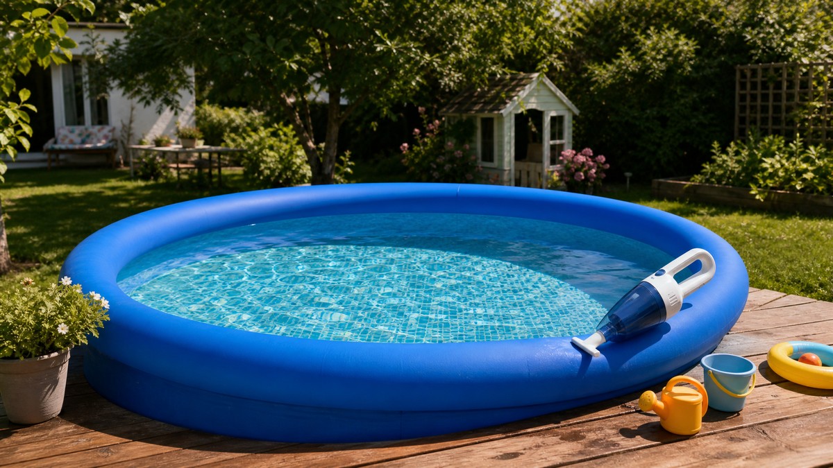 Aspirador acuático manual junto a una piscina hinchable familiar en el jardín