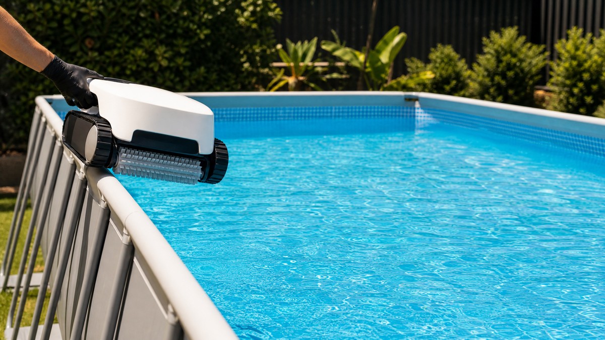 Mano enguantada introduciendo un mini robot limpiafondos en una piscina desmontable de acero