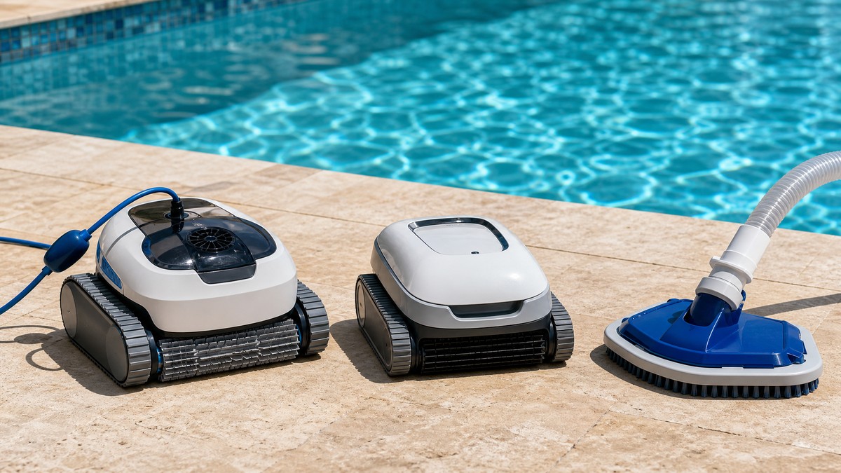 Tres tipos de robots limpiafondos compactos alineados para comparativa para piscinas pequeñas