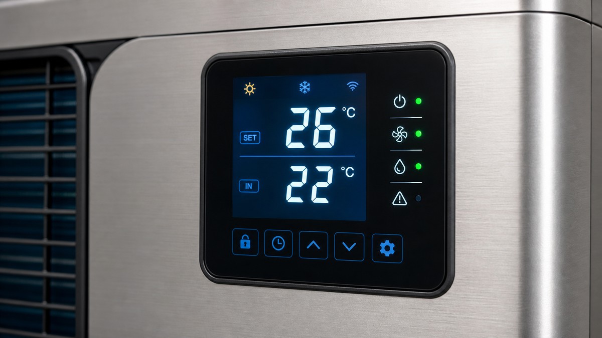 Panel digital de control de bomba de calor de piscina mostrando temperatura objetivo y actual