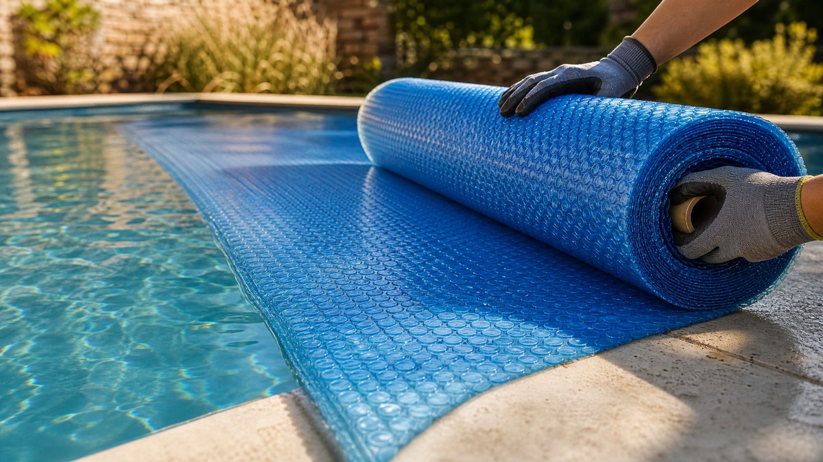 Manta térmica geobubble siendo desenrollada sobre piscina residencial para conservar el calor