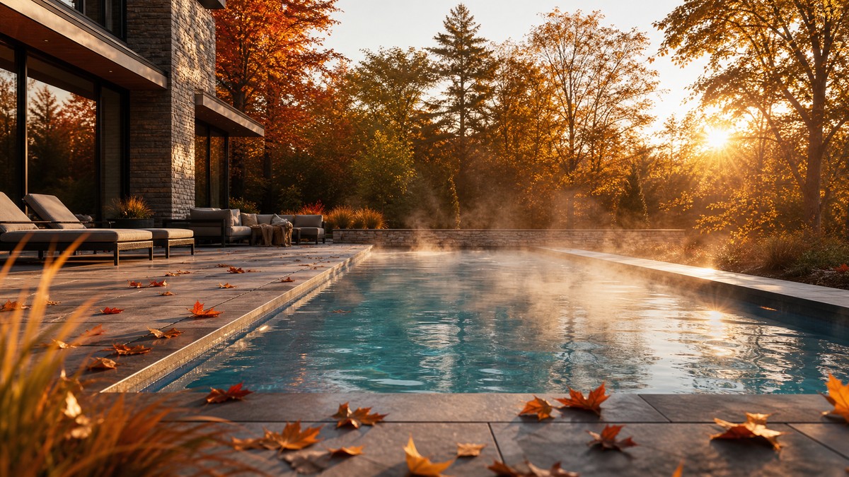 Piscina residencial humeando al amanecer de otoño gracias a la bomba de calor