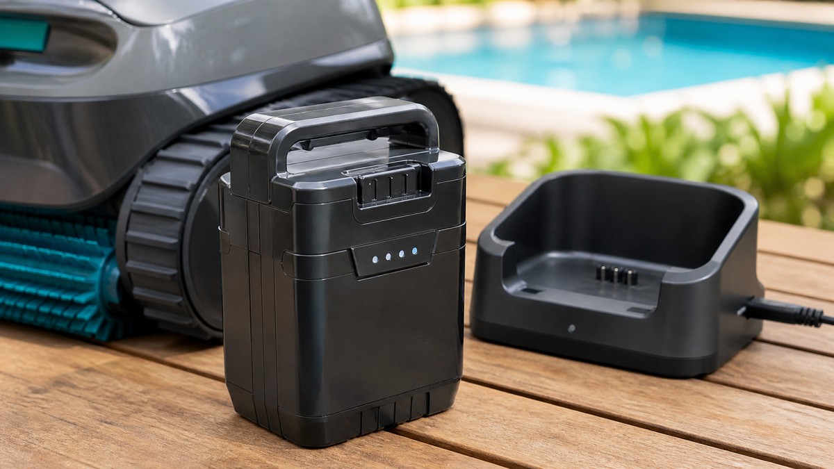 Pack de batería de litio extraíble de un robot limpiafondos junto a su base de carga