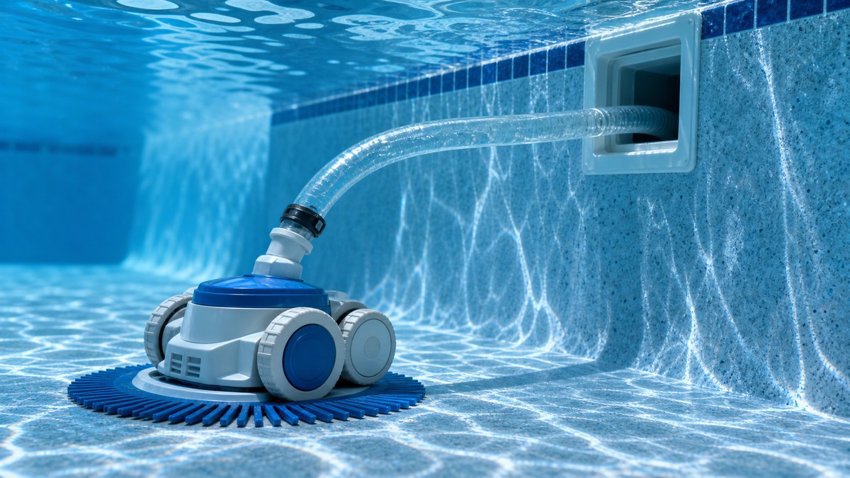Limpiafondos hidráulico de aspiración conectado al skimmer de la piscina con manguera transparente