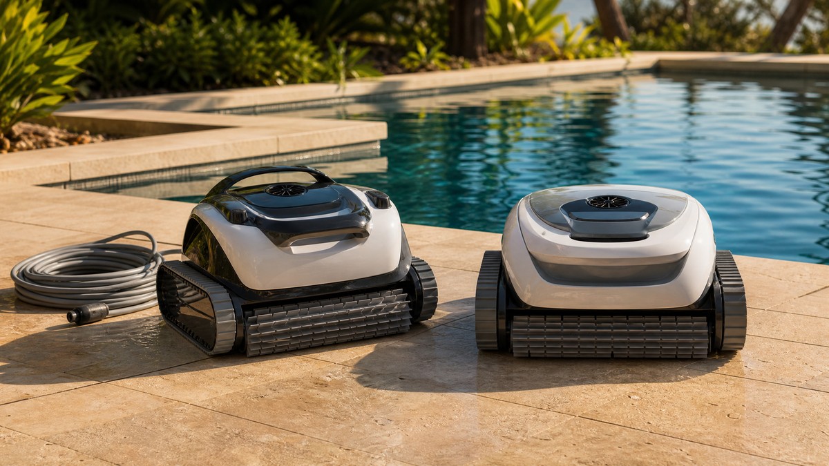 Comparativa visual entre robot limpiafondos eléctrico con cable y robot inalámbrico a batería sobre el deck