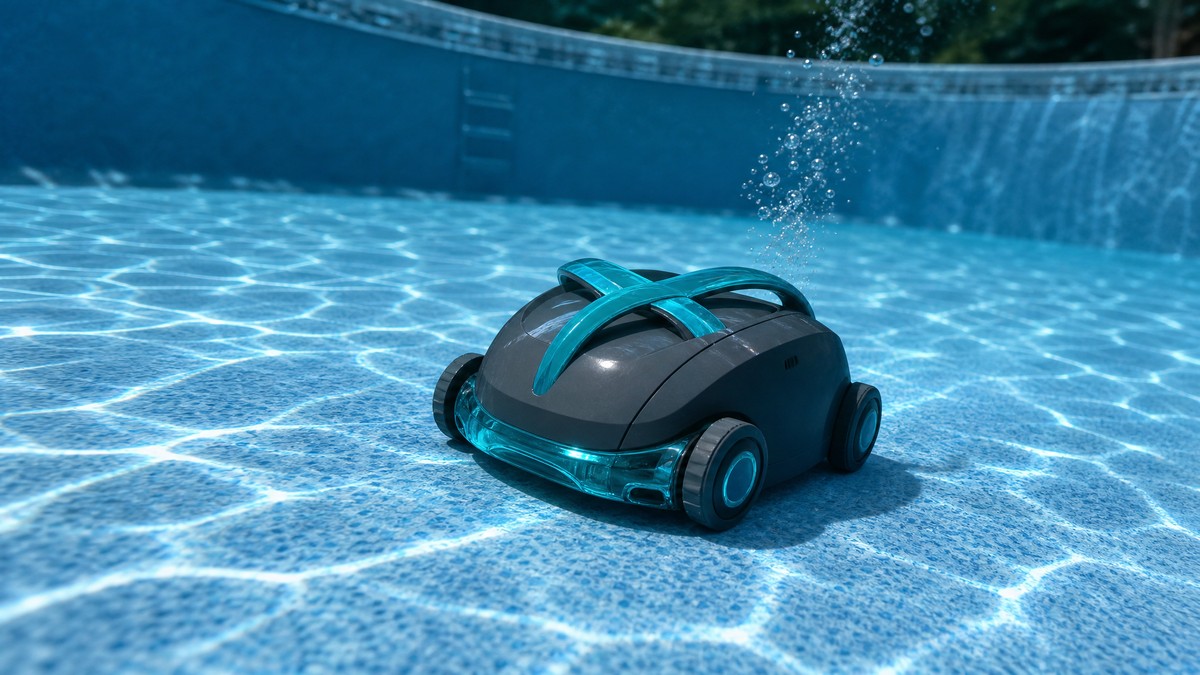 GRE Wet Runner Plus opiniones — limpiando el fondo de una piscina elevada con liner azul