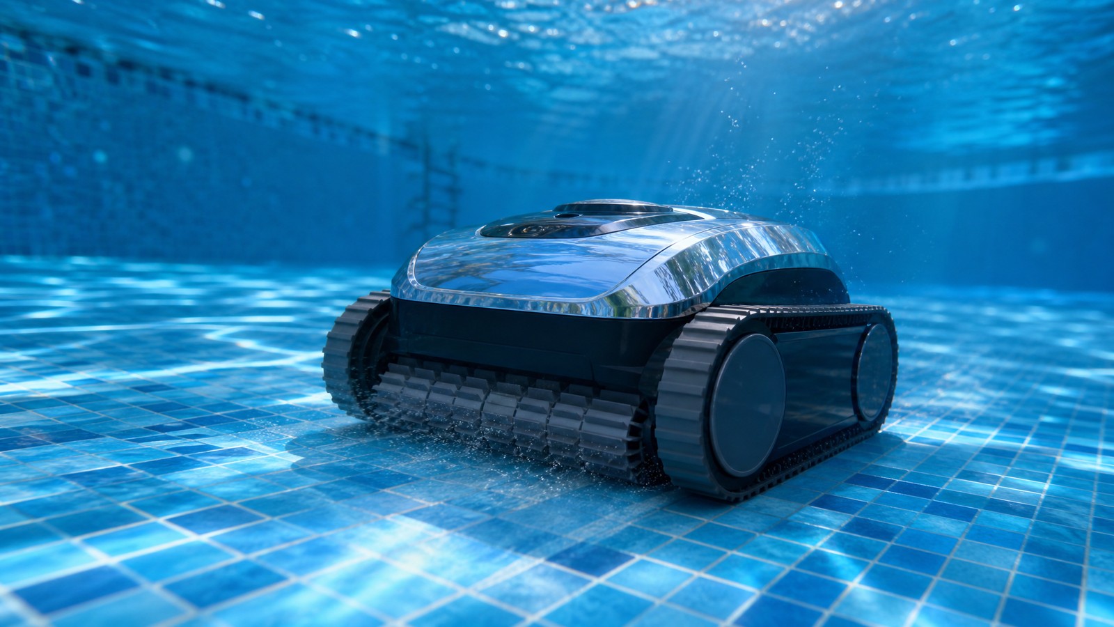 WYBOT C1 opiniones — limpiando el fondo de una piscina con tracción 4WD