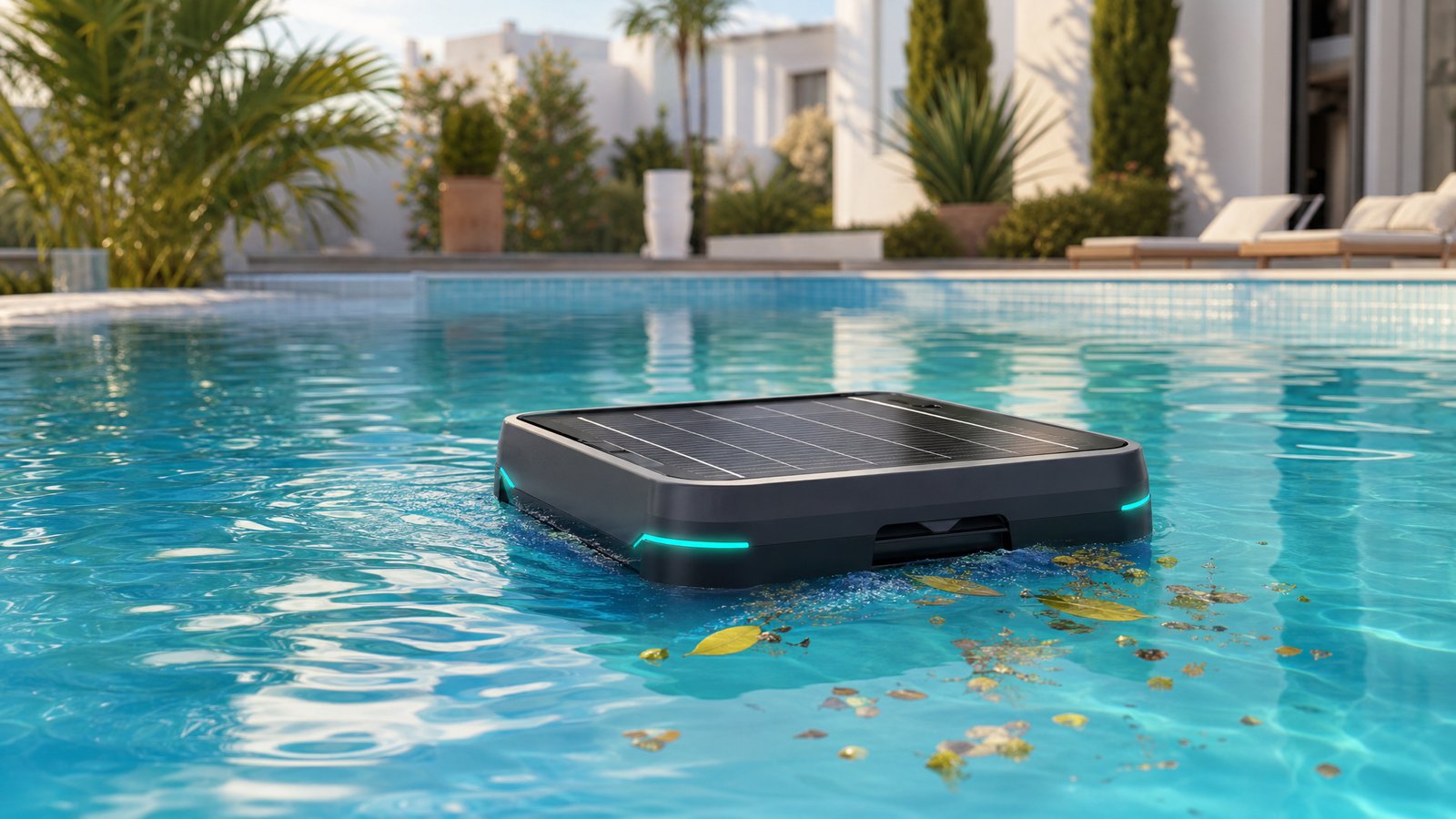 WYBOT F1 opiniones — skimmer solar flotante recogiendo hojas en la superficie de la piscina