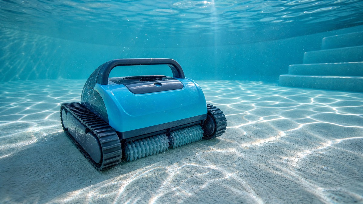 Zodiac CNX 50 iQ opiniones — limpiando el fondo de una piscina con liner azul