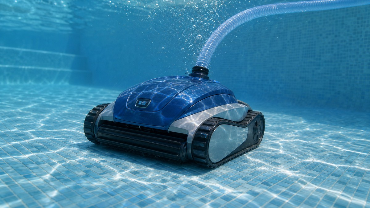 Zodiac MX6 opiniones — limpiando el fondo de una piscina con la manguera arrastrando hacia el skimmer