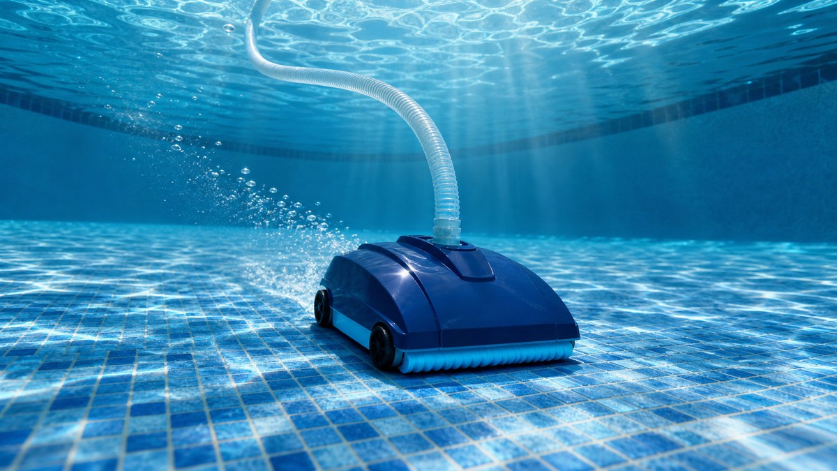Zodiac T3 opiniones — limpiando el fondo de una piscina con manguera al skimmer